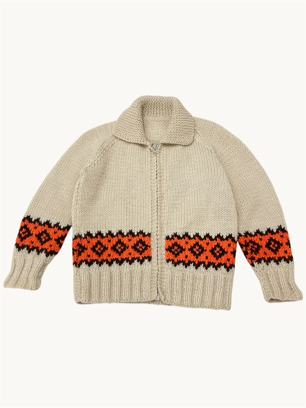 True Vintage 60s 70s Cowichan Geometric Wool Knit Sweater Lightening Zip Kids 4T